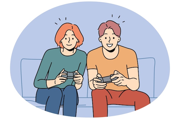 Glimlachend stel zit thuis op de bank en speelt samen videogame Gelukkige man en vrouw hebben plezier, geniet van videogame met controllers Vectorillustratie