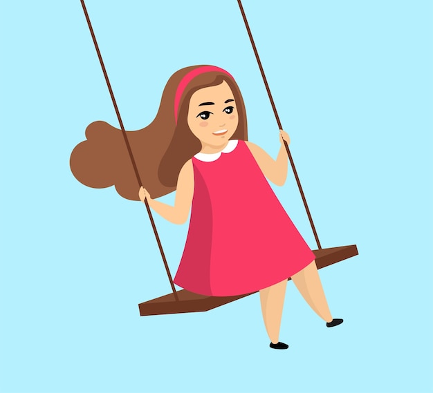 Glimlachend swingend meisje met los haar in roze jurk, gelukkig schattig klein vrouwelijk kind speelt schommel vector
