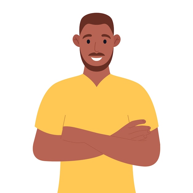 Glimlachende Afro-Amerikaanse man houdt armen gekruist Cartoon karakter Vector illustratie