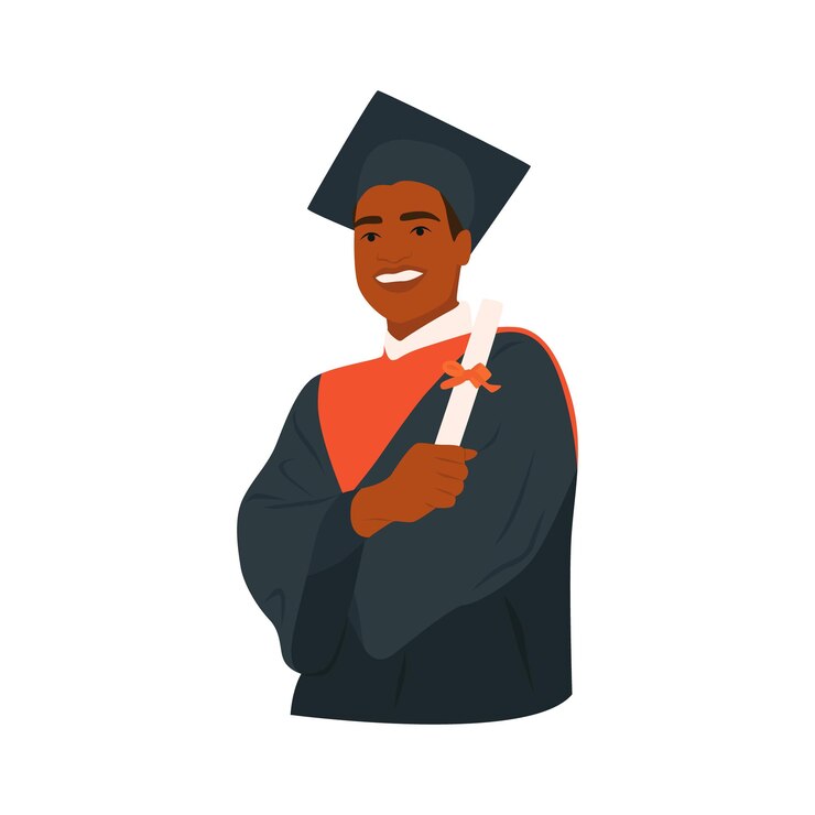 Vector glimlachende afro-amerikaanse man in afstudeerkostuum die zijn diploma laat zien afstudeerceremonie feest