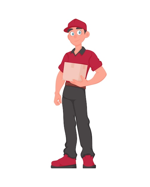 Vector glimlachende bezorger met pakket vriendelijke koerier in rood uniform met een papieren doos vector cartoon illustratie