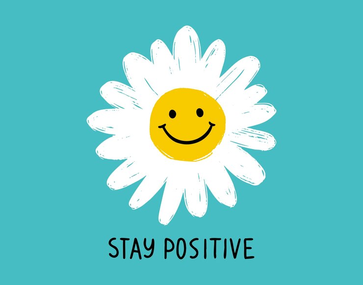 Vector glimlachende bloem en blijf positief tekst schattige daisy cartoon personage met de hand getekend doodle gelukkige bloem blijf positieve motivatie