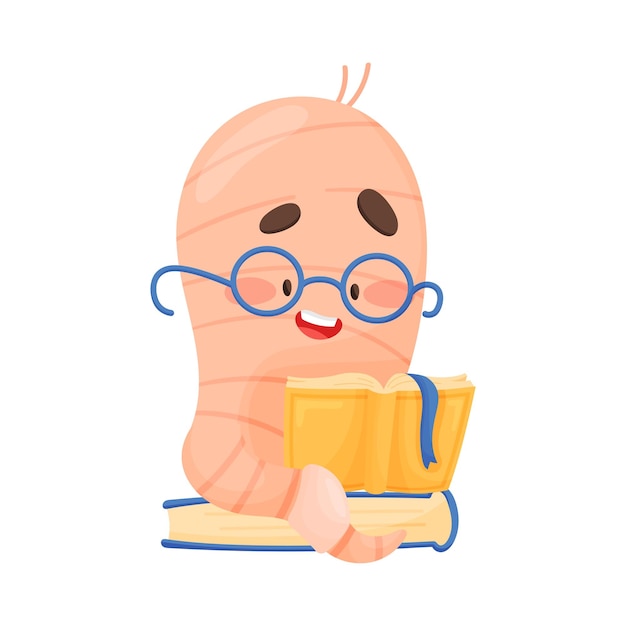 Vector glimlachende boekwurm zit en leest boek vector illustratie wijze cartoon wezen met een bril