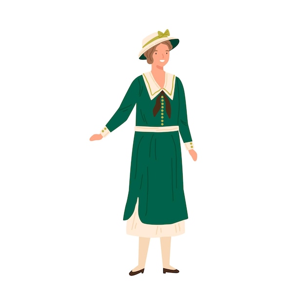 Vector glimlachende elegante vrouw permanent in jurk en hoed platte vectorillustratie. gelukkig modieuze dame demonstreren retro-stijl kleding geïsoleerd op wit. vrouw poseren in vintage kledingstuk van 1917 jaar.