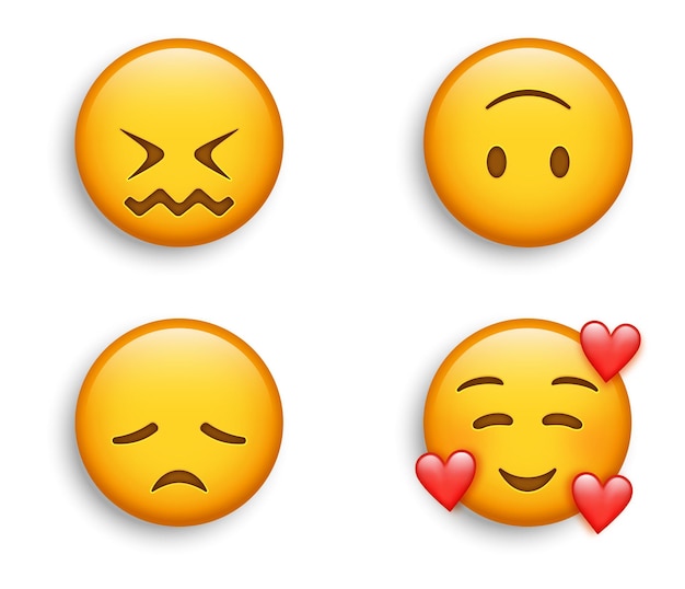 Glimlachende emoji met harten, verward gezicht met trillende mond en triest teleurgestelde emoticon