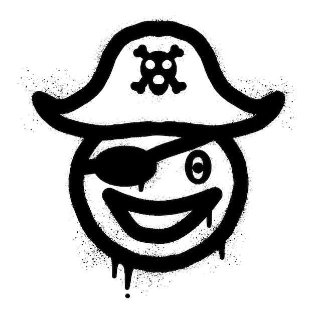 Glimlachende emoticon graffiti met een piratenhoed met zwarte spuitverf