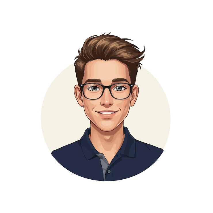Vector glimlachende jonge man cartoon portret met bril