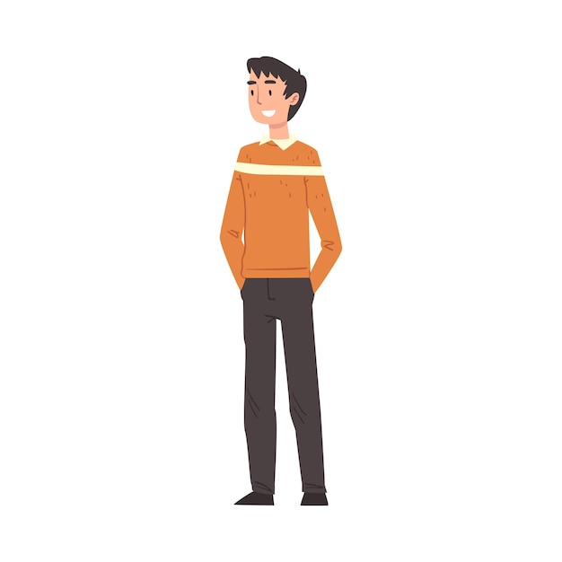 Glimlachende jonge man in casual kleding Cartoon stijl vector illustratie op witte achtergrond