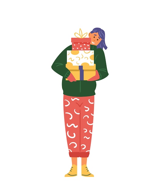 Glimlachende jonge vrouw die de dozen van de Kerstmisgift houdt. Platte vectorillustratie. Geïsoleerd op wit.