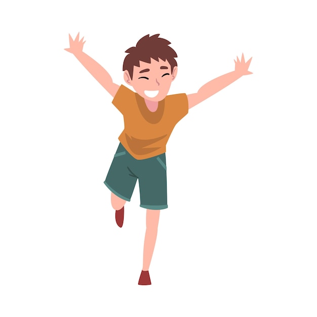 Glimlachende jongen die met uitgestrekte armen loopt Gelukkige vrolijke tienerjongen Karaktervectorillustratie
