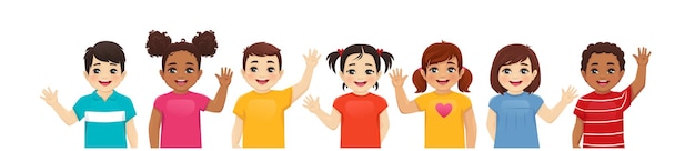 Glimlachende kinderen jongens en meisjes zwaaien met de handen set geïsoleerde vector illustratie multi-etnische weinig