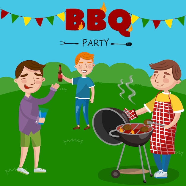 Glimlachende man barbecue buitenshuis voorbereiden voor zijn vrienden, bbq-jongens partij illustratie,