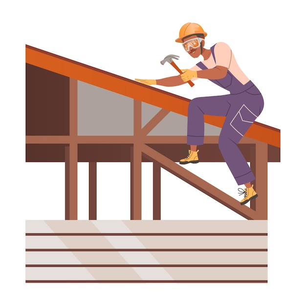 Glimlachende man bouwer personage met hamer zit op het dak top gebouw huis vector illustratie