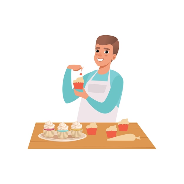 Glimlachende man die cupcakes kookt jonge man in casual kleding en schort die een gezonde maaltijd bereidt in de keuken vector Illustratie geïsoleerd op een witte achtergrond