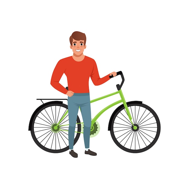 Glimlachende man die naast zijn fiets staat actieve levensstijl concept vector Illustraties geïsoleerd op een witte achtergrond