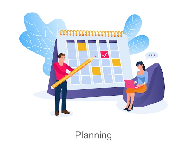 Glimlachende man en vrouw planning werkschema Proces van het ontwikkelen van effectieve time management strategie Tijd voor het maken van kalenderschema Vector vlakke stijl illustratie op witte achtergrond