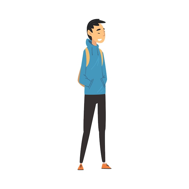 Glimlachende man in casual kleding die met een rugzak staat College- of universiteitsstudent Character Vector Illustratie
