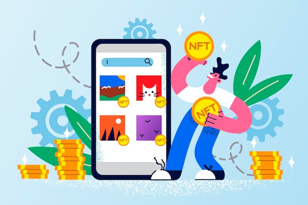 Glimlachende man koopt online in de webapp store op mobiel met nft-munten. mannelijke klant gebruikt tokens aankoop van smartphone-applicatie. cryptocurrency en blokketenconcept. vector illustratie.