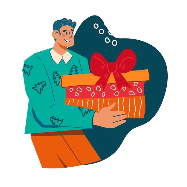 Vector glimlachende man met kerst- en nieuwjaarsgeschenken platte vectorillustratie geïsoleerd