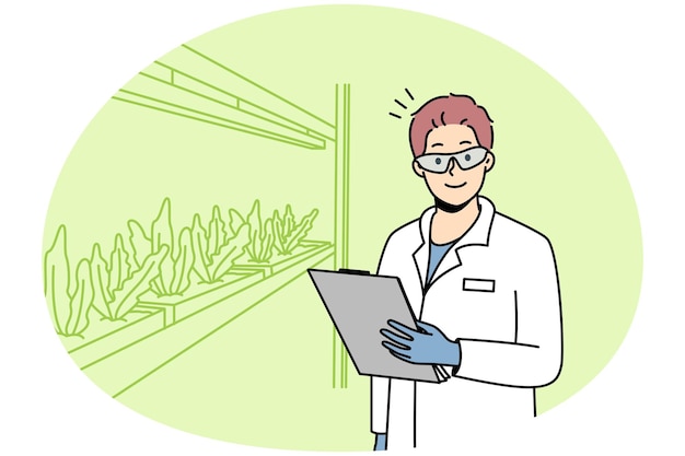 Glimlachende mannelijke wetenschapper in uniforme groeiende planten in laboratorium gelukkige man-onderzoeker maakt experimenten in laboratorium of kas vectorillustratie