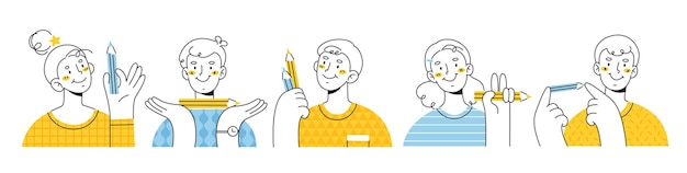 Glimlachende mannen en vrouwen houden potloden in hun handen. modern karakter in lineaire stijl. kunstenaar, schilder, redacteur.