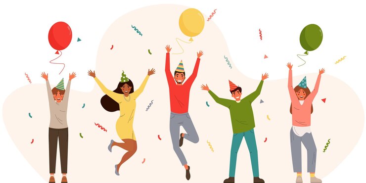 Vector glimlachende mannen en vrouwen met opgeheven handengroepen jonge gelukkige mensen die een feestje vieren