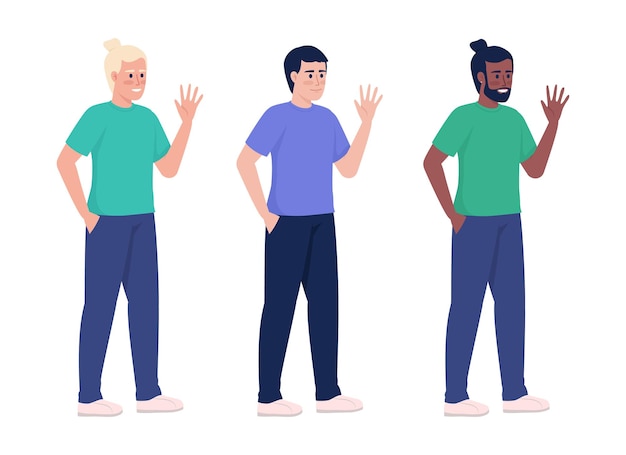 Glimlachende mannen zwaaien handen semi-egale kleur vector tekenset