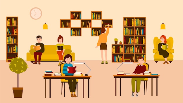 Glimlachende mensen lezen en studeren in de openbare bibliotheek. leuke platte cartoon mannen en vrouwen zitten aan bureaus en op de bank omringd door planken en rekken met boeken. moderne kleurrijke vectorillustratie.