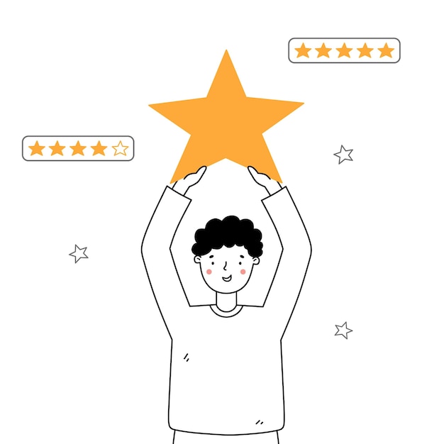 Glimlachende persoon houdt een ster vast en geeft feedback of een positieve beoordeling Klantevaluatieconcept