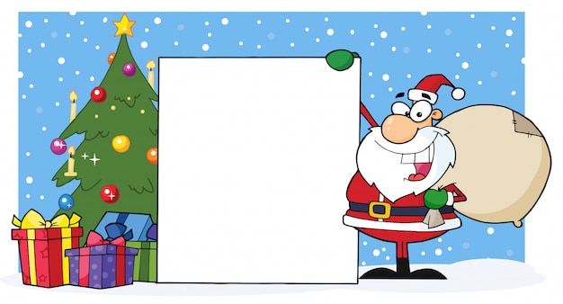 Vector glimlachende santa claus presenting a blank sign and christmas tree