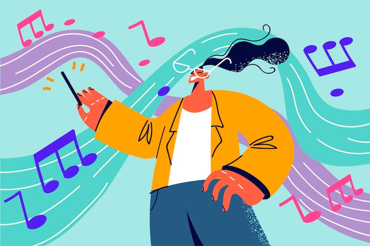 Vector glimlachende vrouw met stok speelt muziek