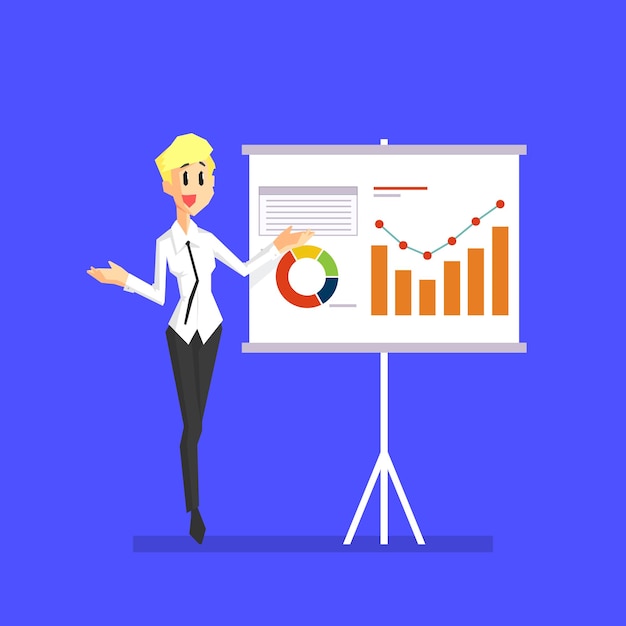 Glimlachende zakenvrouw legt informatie uit Grafieken op Flip Chart Vrouwelijk kantoor Karakter Vector illustratie in cartoon stijl