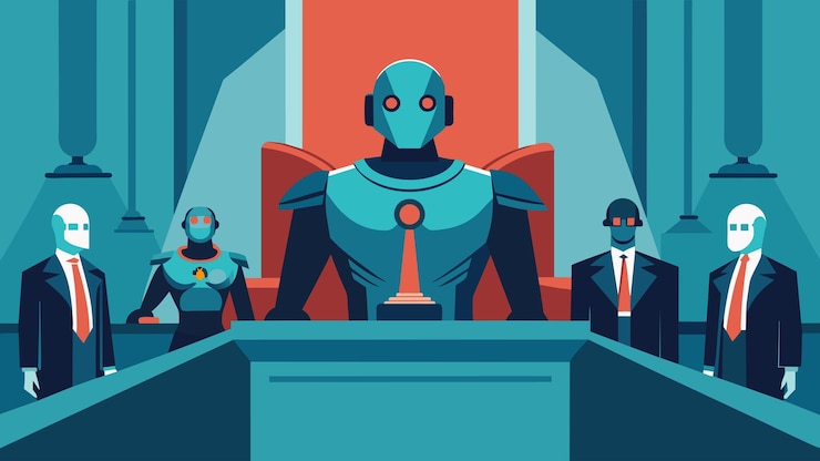 Vector a glimpse into a futuristic courtroom where cyborgs are fighting for their rights to be recognized