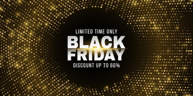 Glinsterende gestippelde achtergrond voor Black Friday-verkoop. Abstract, gouden halftooneffect. Mode reclame promotie sjabloon. Commercieel kortingsevenement. Vector zakelijke illustratie. EPS-10.