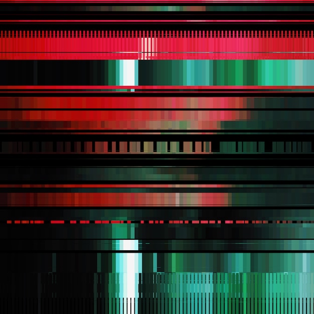 Vettore glitch astratto con effetto distorsione, bug, errore, linee orizzontali di colore rosso e verde casuale