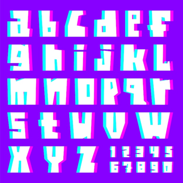 Vector glitch alphabet, letters and numbers