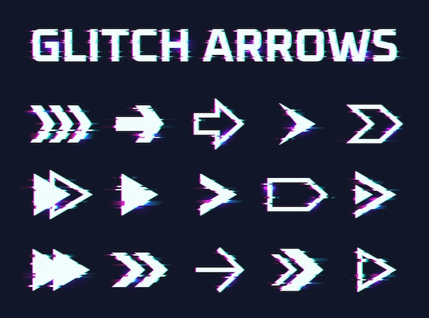 Vector glitch arrows glitched directional movement arrow hud hologram cyberpunk next direction digital television effect back 1980 navigation scifi cursor garish vector illustration