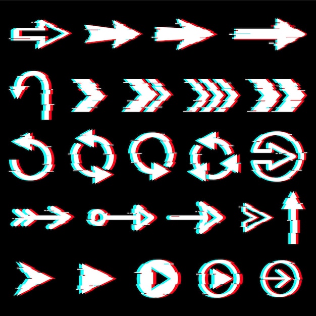 Vector glitch arrows set with neon effect hologram