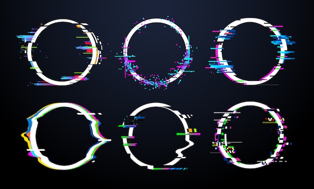 Glitch circle frame. Tv distorted signal chaos, glitched ring light effect distortion frames and flaw glitches bug circles vector set