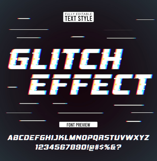 Glitch digital noise distortion modern cool effect text font collection typeface alphabet letters, numbers and symbols