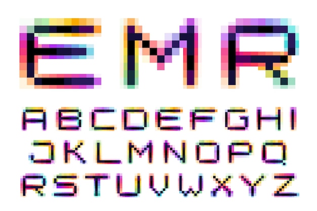 Glitch distorted pixel alphabet with color shift effect Hologram style design