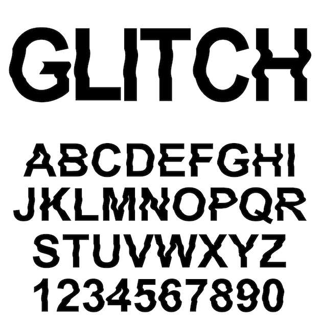 Glitch distortion typeface. letters and numbers illustration