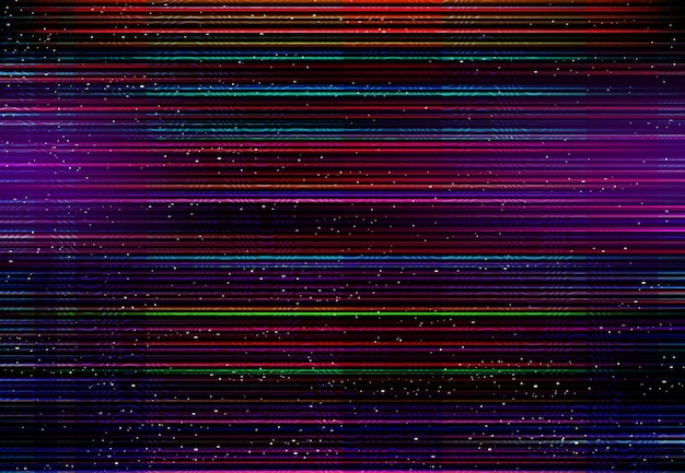 Vettore monitor di distorsione del colore con effetto glitch, linee dello schermo e rumore dei pixel. schermo rotto, errore o problema del display del computer o sfondo vettoriale di perdita del segnale analogico tv con distorsione delle linee di pixel rgb