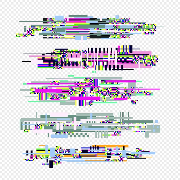 Vettore elementi di stile effetto glitch impostati su uno sfondo trasparente concetto di progettazione dinamica della linea geometrica glitch alla moda per l'illustrazione del vettore web