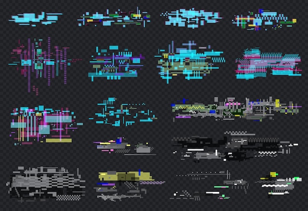 Glitch element set retro technologie technisch probleem grunge pixel textuur op het scherm