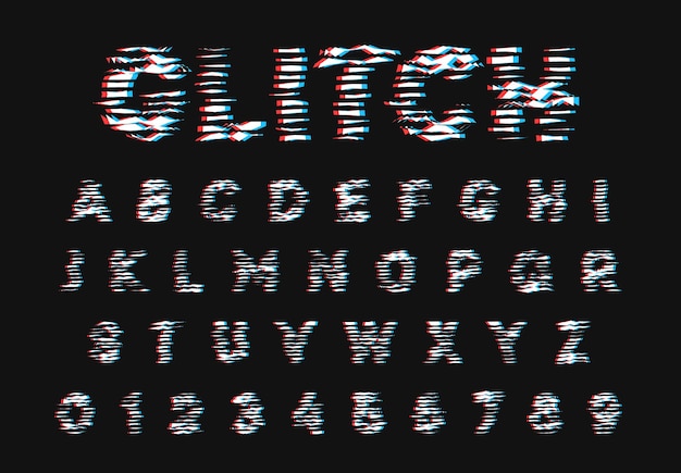 グリッチ フォントです。デジタルアルファベット。トレンディなスタイルのレタリング タイプ。ベクトル イラスト