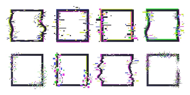 Vector glitch frames abstract digital distortion frame borders pixelated noise glitch borders flat vector illustration set bad tv signal glitch effect