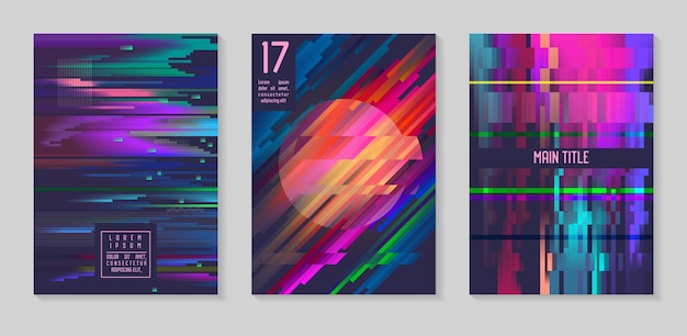 Vector glitch futuristische posters, covers set. hipster design composities voor brochures, flyers, borden. trendy sjabloon. vector illustratie