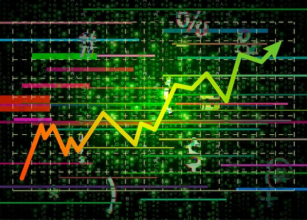 Simboli a matrice verde glitch con grafico commerciale in crescita