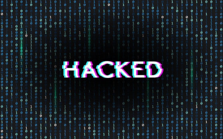 Vector glitch hacked on matrix background. binary code with stereo effect text. digital data error. hacker attack template. technology backdrop with distortions.  illustration.